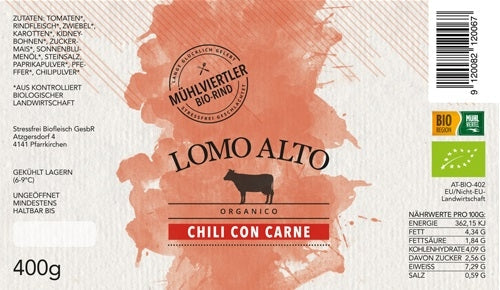 Chili con Carne im Glas 400g lomo alto biologisch etikett